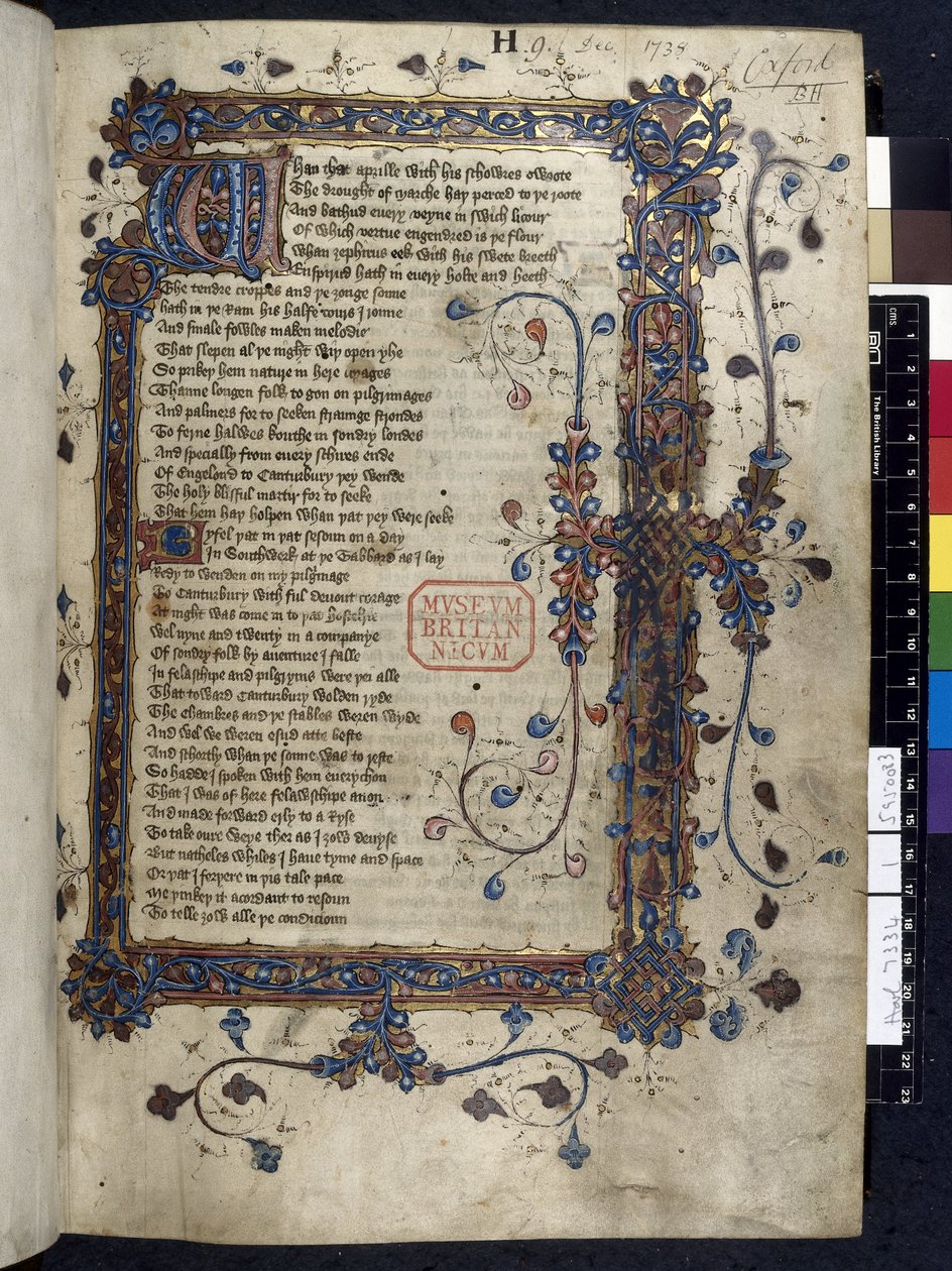 Harley 7334, f.1 világító "W" kezdőbetű, a "The Canterbury Tales"-ből, Geoffrey Chaucer, 1410 körül (tinta, szín és arany pergamen) alkotó: English School