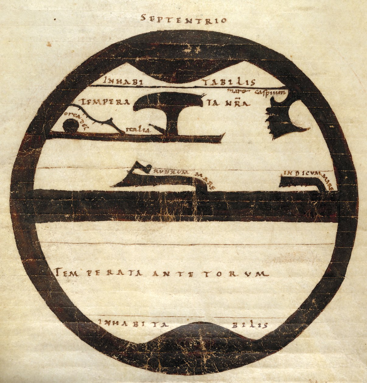 Harley MS 2772 f. 70v, Diagrammatic Zonal World Map, c.1050 (tinta és tempera pergamenen) alkotó: English School