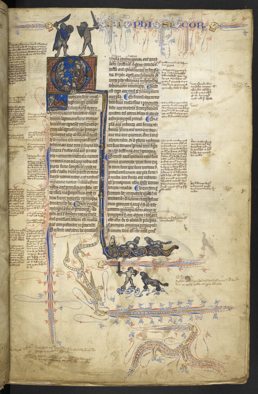 Harley MS 3487, f.4r Aristotle Physica, a „Libri naturales”-tól (tinta, arany és szín a pergamenen) alkotó: English School