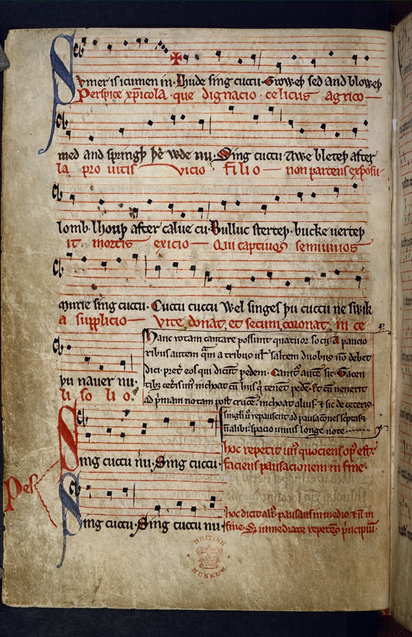 Harley MS 978 f.11v Musical Miscellany, a "Versek gyűjteménye, beleértve a meséket, valamint zenei, naptári és orvosi szövegeket" című kötetből (tinta és színes pergamen). alkotó: English School
