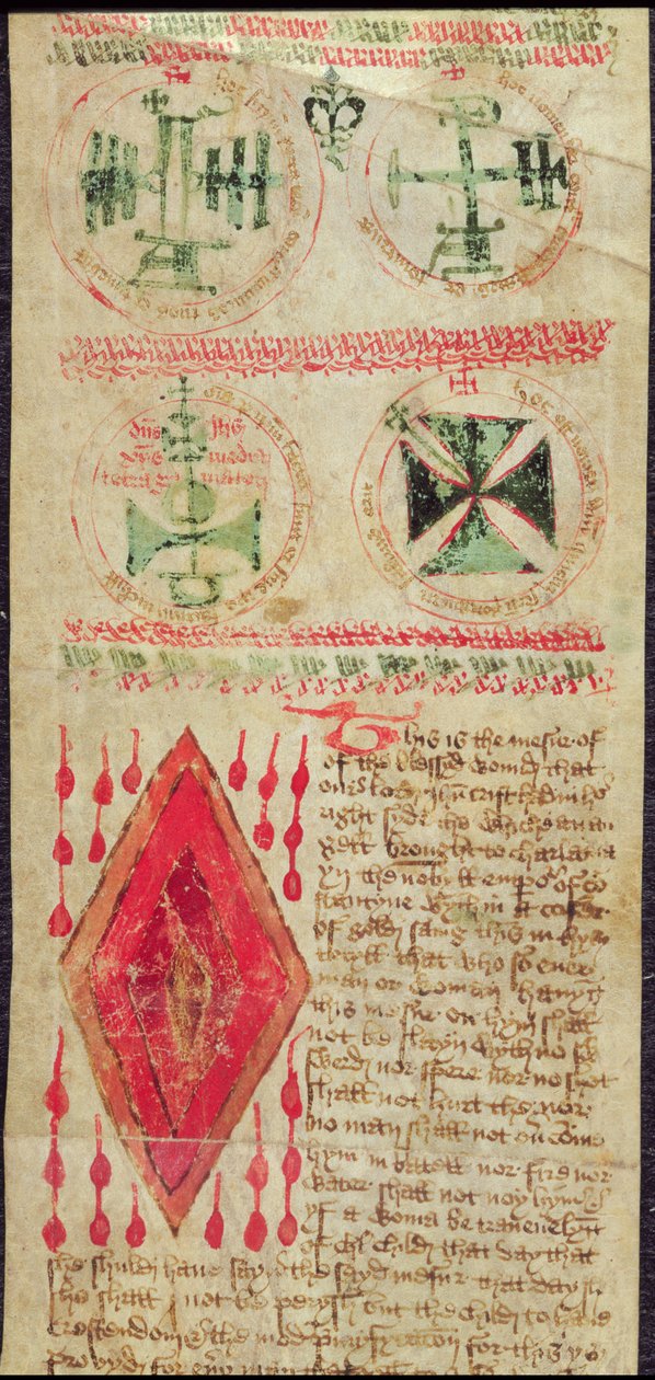 Harley Ms T.11 Varázsfigurák és Krisztus sebe egy imatekercsből (vellum) alkotó: English School