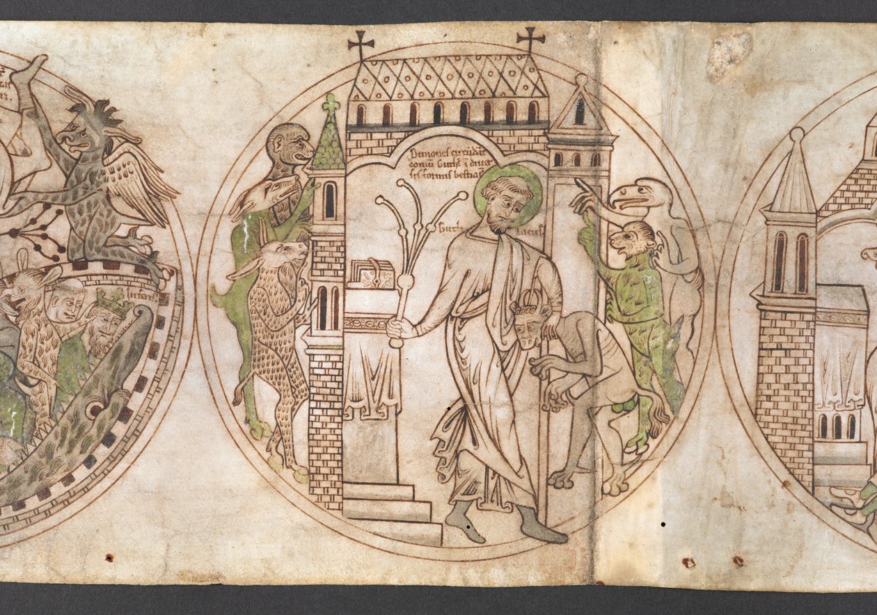 Harley Roll Y 6, Roundel 9, Roundel of St Guthlac ("Guthlacus" felirattal) megkorbácsolja a vadállati démonokat, akik megszállták a házát. a „Guthlac életéből” (a alkotó: English School