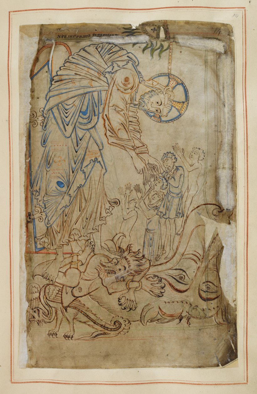 A pokol elszántása, a "Tiberius Psalter"-ből, Cotton MS Tiberius C VI, f.14 , 1050 körül (pergamen). alkotó: English School