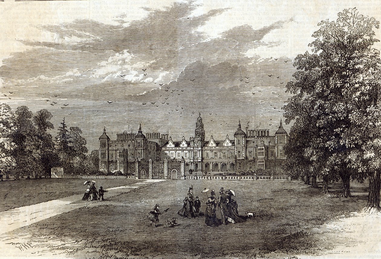 Hatfield House, Salisbury márki székhelye, a „The Illustrated London News”-ból, 1874. július 11. (metszet) alkotó: English School