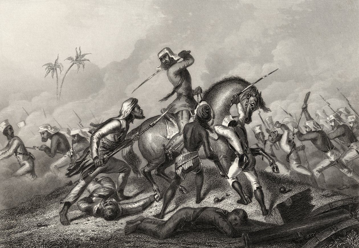 Havelockok oszlopának támadása a lázadók ellen Cawnpore előtt, az 1858-ban kiadott "Az indiai lázadás története" című könyvből. alkotó: English School