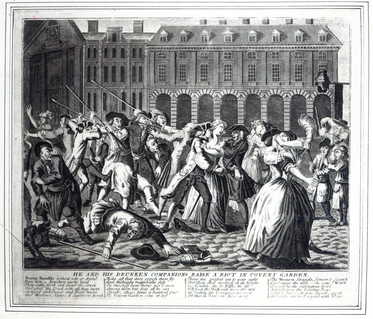 Ő és részeg társai lázadást keltenek Covent Gardenben, egy kalózsorozatból, amely Hogarth „A Rake