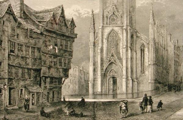 A West Bow vezetője az 1800-as évek közepén az Assembly Hall épületével, a Religious Tract Society által kiadott „Scottish Pictures”-ből alkotó: English School
