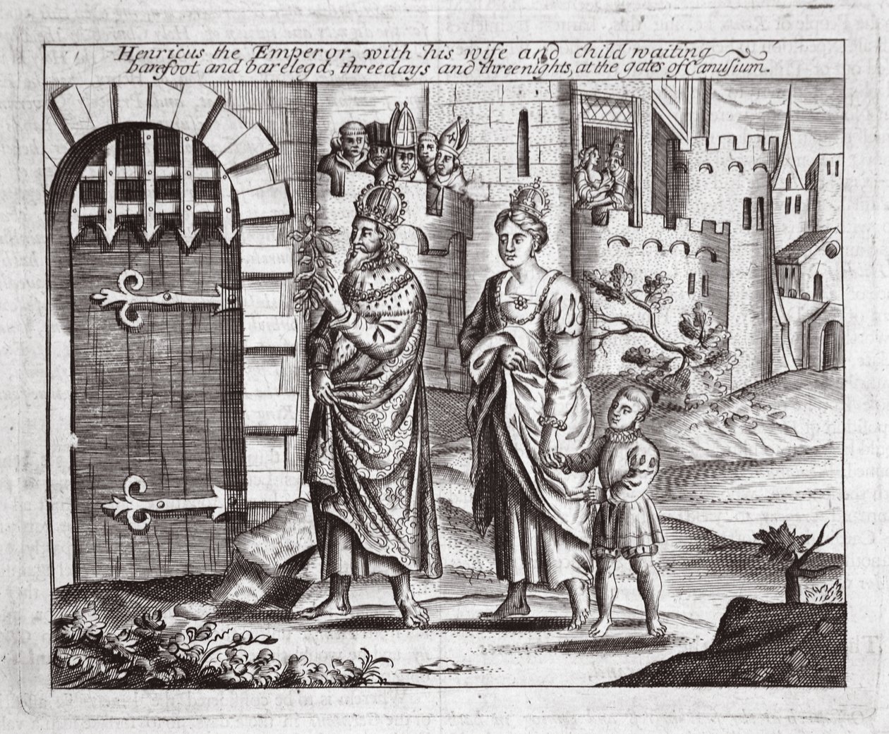 Henricus császár feleségével és gyermekével várakozva, mezítláb és mezítláb, három nap és három éjszaka Canusuam kapujában, illusztrációja John Foxe Cselekedetei és emlékművéből, kilencedik kiadás, alkotó: English School