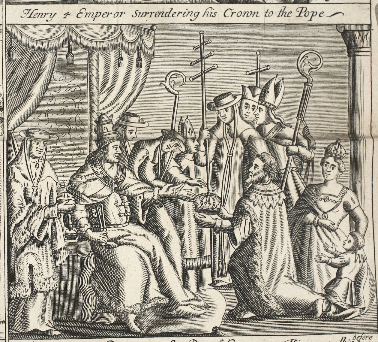 4. Henrik császár átadja koronáját a pápának, illusztráció: John Foxe: Cselekedetek és emlékművek, kilencedik kiadás, pub. 1684 alkotó: English School