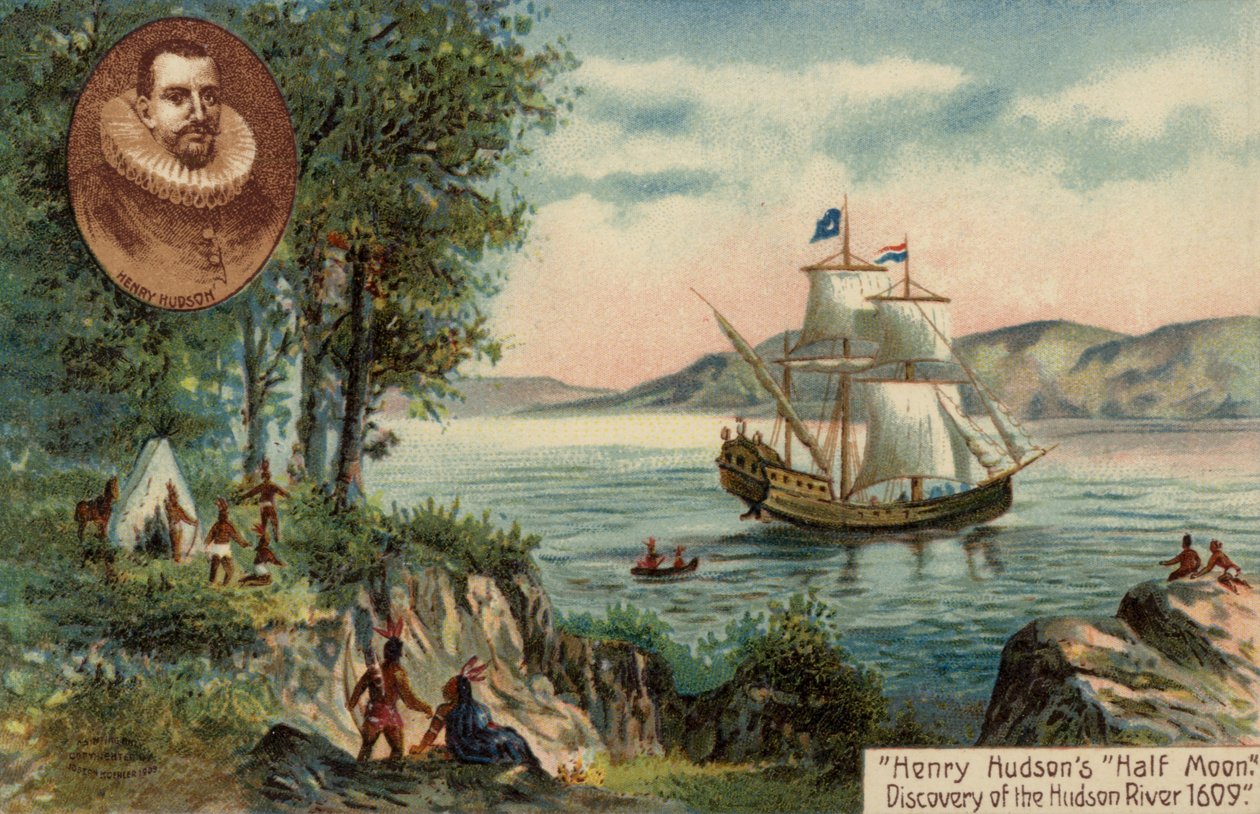 Henry Hudson hajója, a Half Moon felfedezi a Hudson folyót, Észak-Amerika alkotó: English School