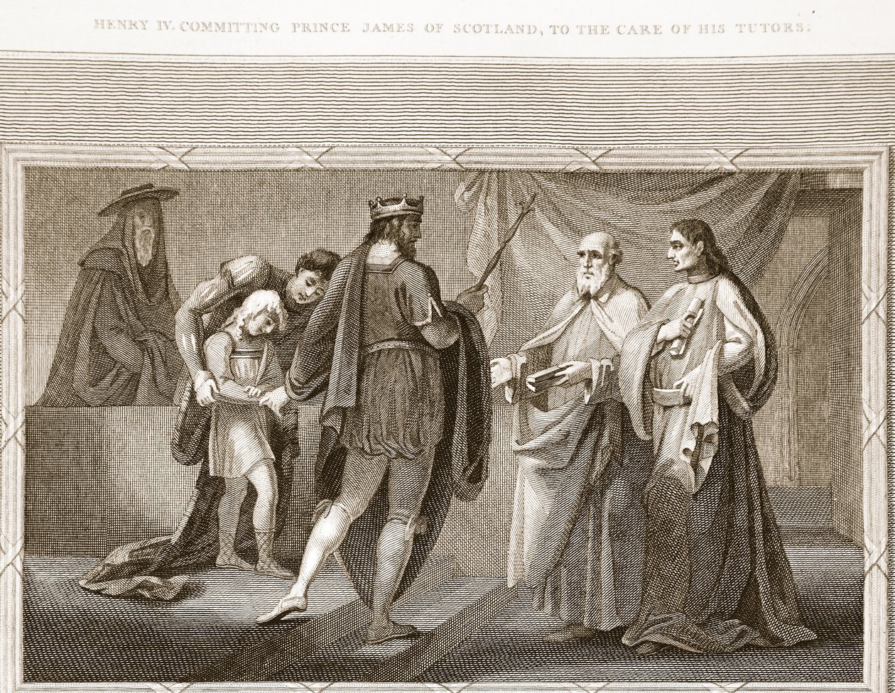 IV. Henrik James skót herceget oktatói gondjaira bízva, David Humes illusztrációja Anglia története, pub. R. Bowyer, London, 1812 alkotó: English School