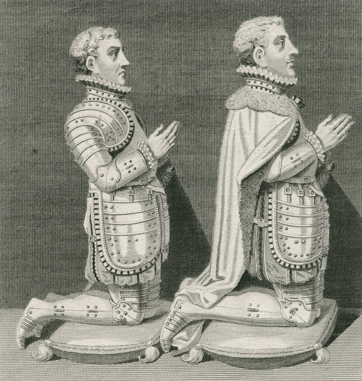 Henry Stuart, Lord Darnley és testvére, Charles Stuart, Lennox grófja anyjuk sírja előtt térdel a westminsteri apátságban, vésette Andrew Birrell, 1796 alkotó: English School