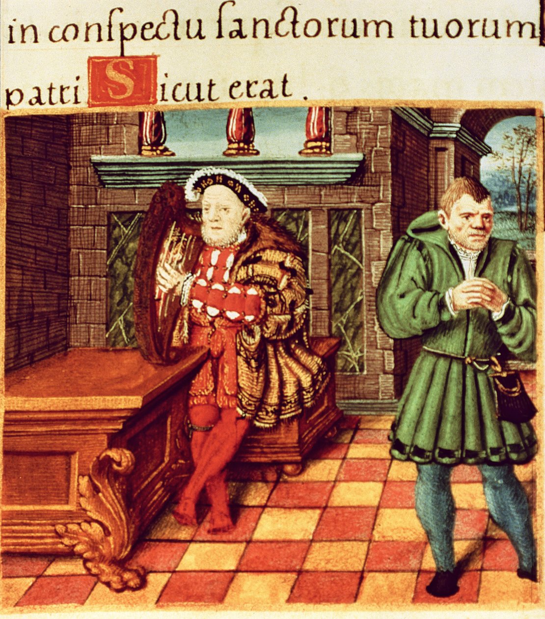 VIII. Henrik hárfán játszik a bolond Will Somersszel, a Király zsoltárából alkotó: English School