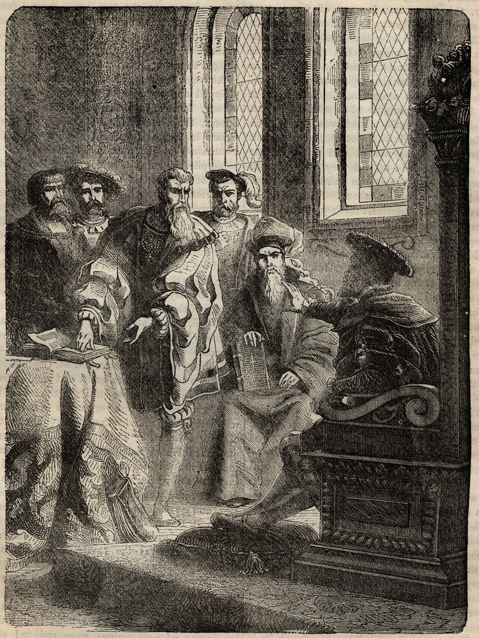 Henrik VIII. és tanácsa, amely elrendelte a Biblia angolra fordítását - 1538 -, Cassell Petter & Galpin „Anglia története” című metszete alkotó: English School