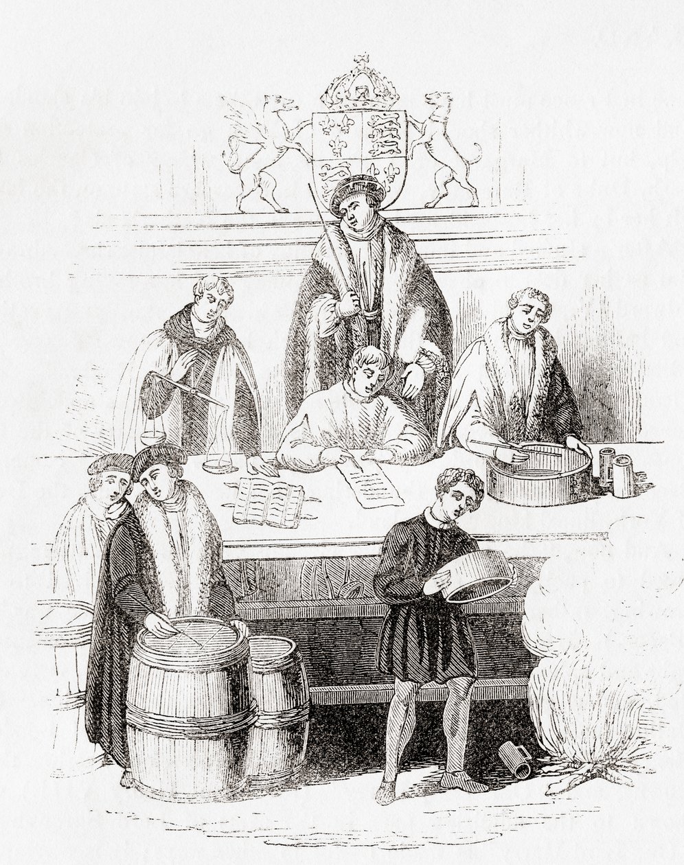 VII. Henrik súlyok és mértékek tárgyalása a kincstárnál 1497-ben, Ó-Angliából: Képi Múzeum, kocsma. 1847 alkotó: English School