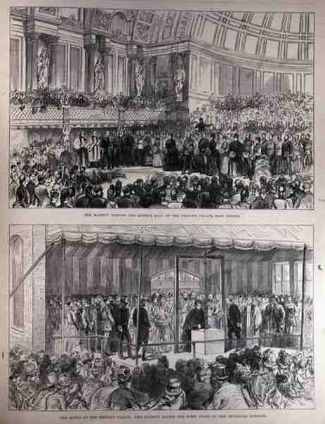 Őfelsége megnyitja a Népi Palota királynői termét és lerakja a műszaki iskolák első kövét, az Illustrated London Newsból, 1887. május 21. alkotó: English School