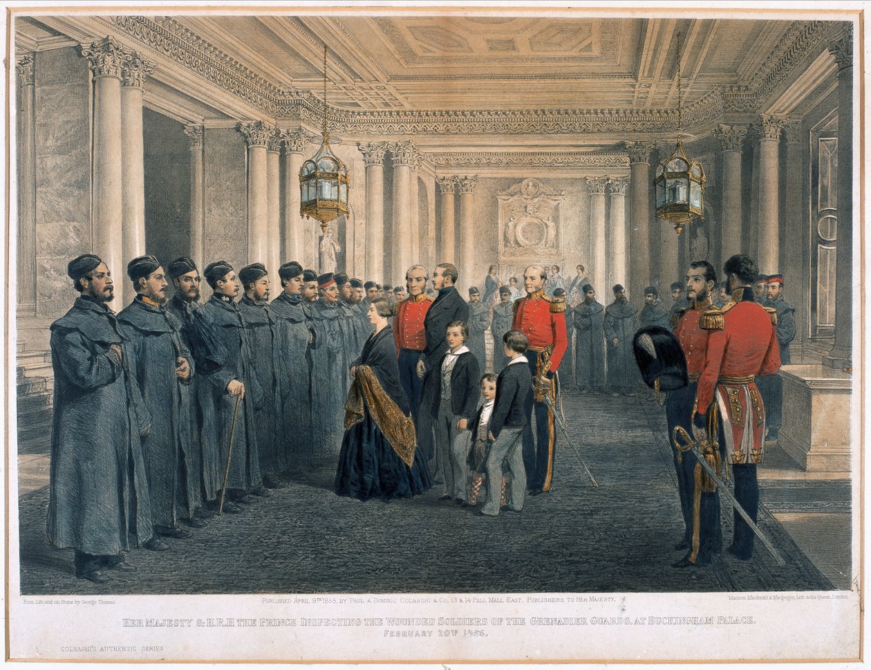 Őfelsége Viktória királynő (1819-1901) és H. R. H. Albert herceg (1819-61) a gránátos gárda sebesült katonáit vizsgálják a Buckingham-palotában, 1855 alkotó: English School