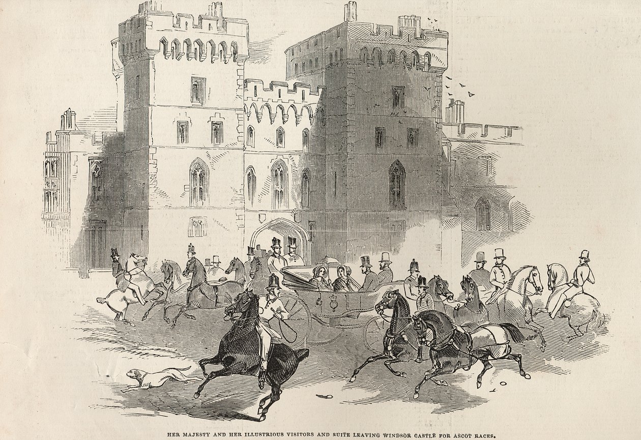 Őfelsége és illusztris látogatói, valamint lakosztálya elhagyja a Windsori kastélyt az Ascot Races-re, a „The Illustrated London News”-ból, 1845. június 14. alkotó: English School