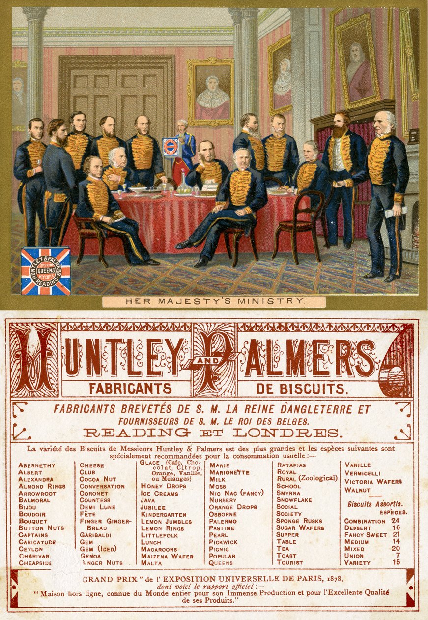 Őfelsége minisztériuma, a francia piacra gyártott Huntley & Palmers Biscuits promóciós kártyájának elő- és hátoldala 1890 körül alkotó: English School