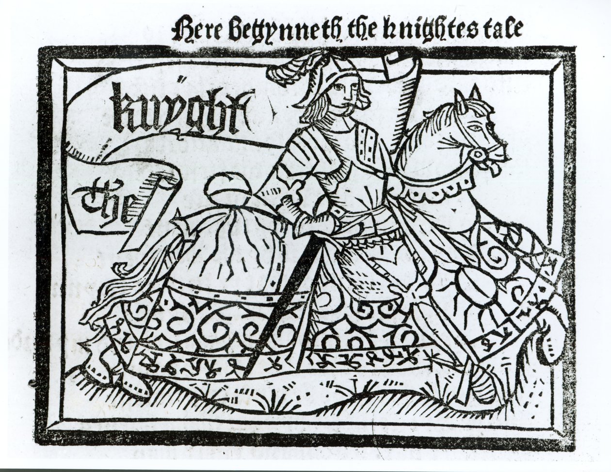 Itt Begynneth, a lovagok meséje, Geoffrey Chaucer (kb. 1345-1400) illusztrációja a Canterbury mesékből, William Caxton (kb. 1422-91) 1434 alkotó: English School