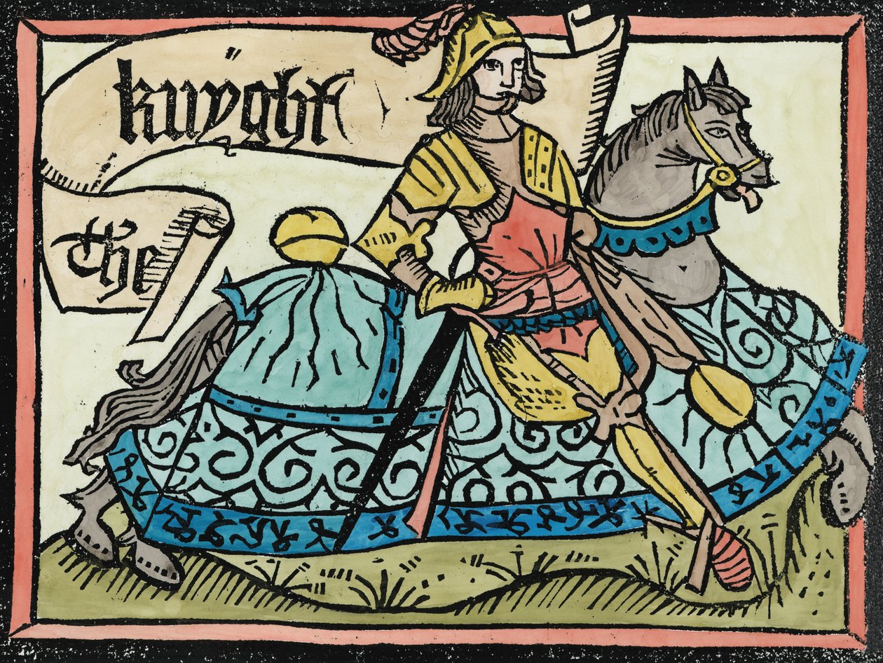 Itt Begynneth, a lovagok meséje, Geoffrey Chaucer (kb. 1345-1400) illusztrációja a Canterbury mesékből, William Caxton (kb. 1422-1400) 1434 (későbbi színezés) alkotó: English School