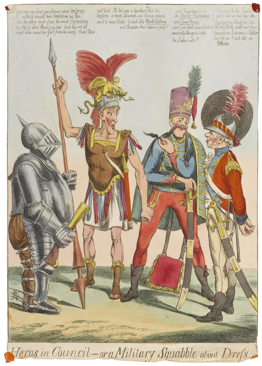 „Hősök a Tanácsban – avagy katonai civakodás az öltözködésről”, 1820 körül (színes metszet) alkotó: English School