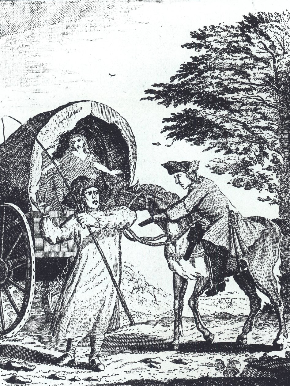 John Cottington autópályás kirabol egy katonai fizetőkocsit a Shotover Hillen (metszet) alkotó: English School
