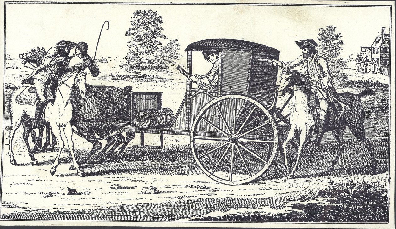 James MacLaine és William Plunkett autópályások kirabolják Eglinton grófját a Hounslow Heath-en, 1750. június 26-án (metszet) alkotó: English School