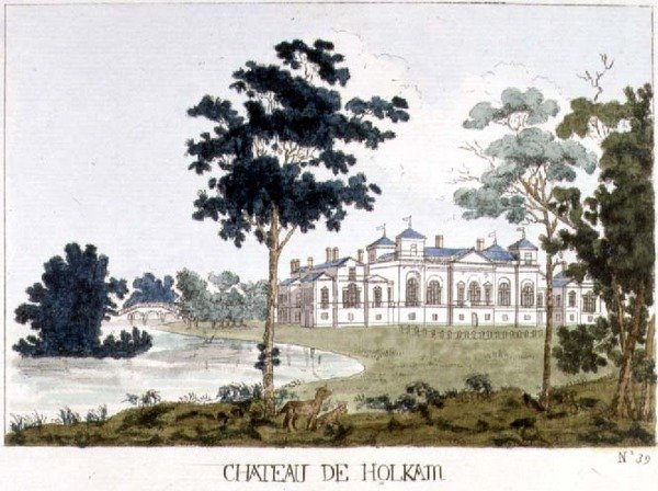 Holkham Hall, Norfolk, illusztráció William Watts "Festmények a házakról és kertekről", 1785 körül (színes metszet) alkotó: English School