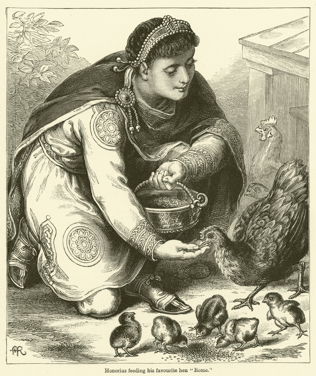 Honorius eteti kedvenc tyúkját "Róma" (metszet) alkotó: English School