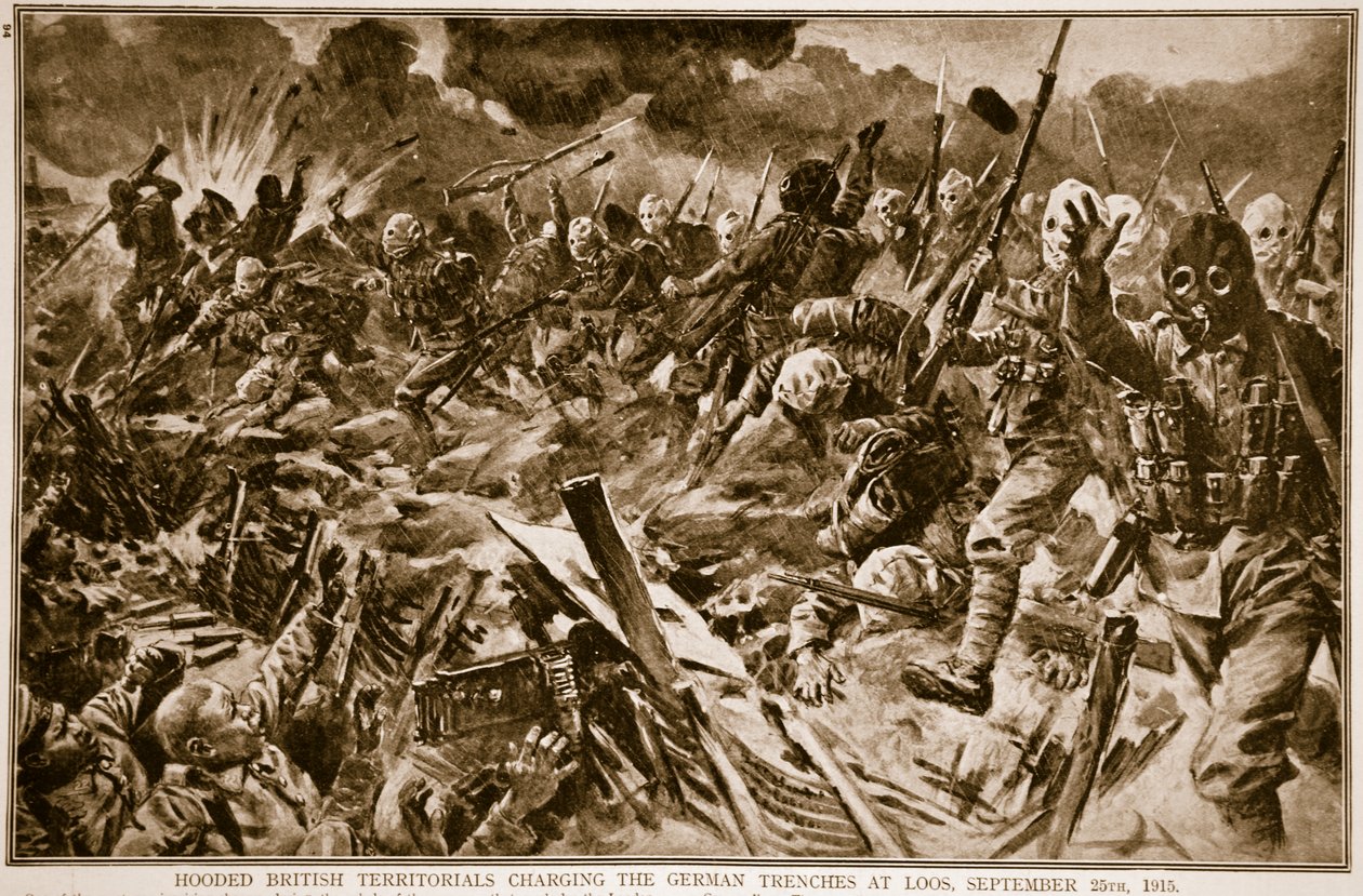 Csuklyás brit területek a német lövészárkokat töltik Loosnál, 1915. szeptember 25., 1914-1919 alkotó: English School