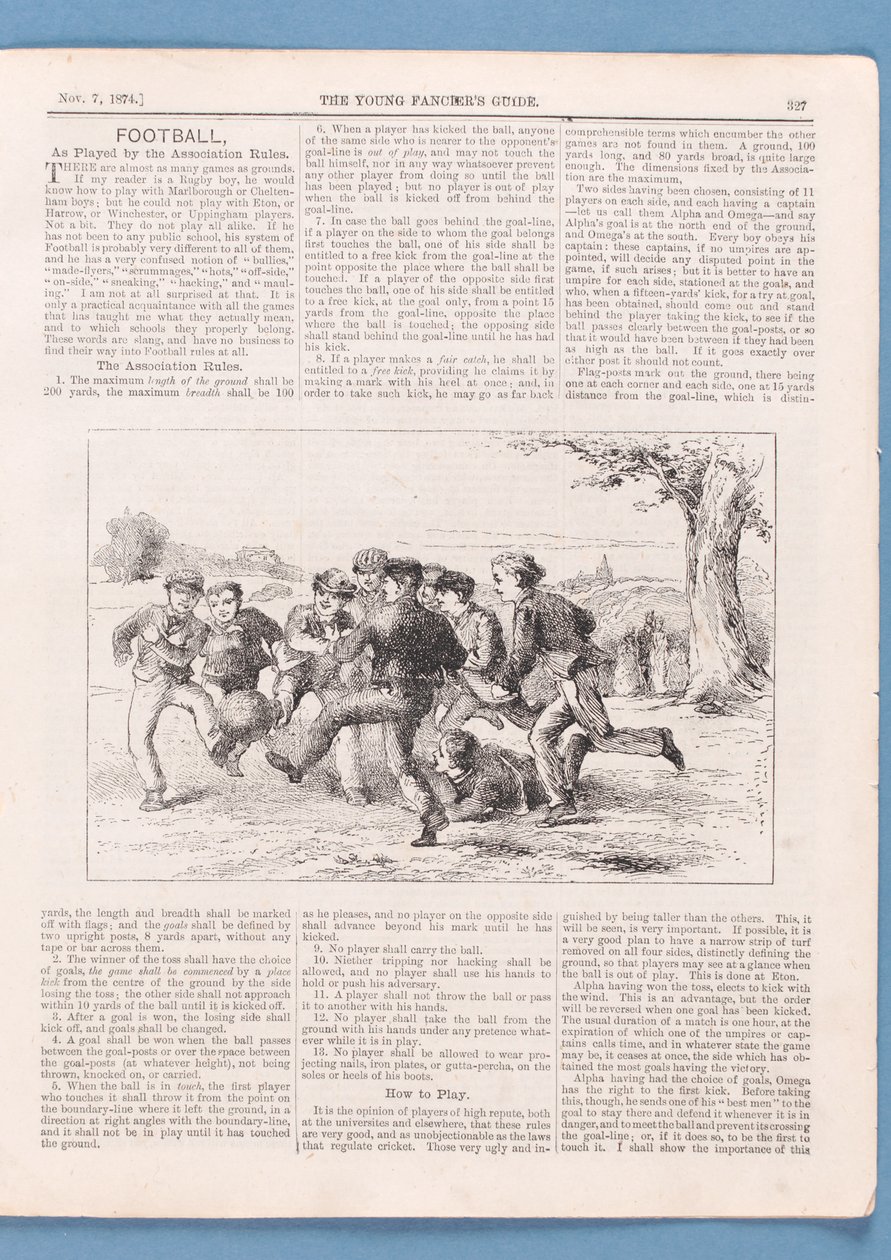 Hogyan játsszunk futballt az egyesületi szabályok szerint, cikk a The Young Fanciers Guide, 1874-ből (lásd még: 315146) alkotó: English School