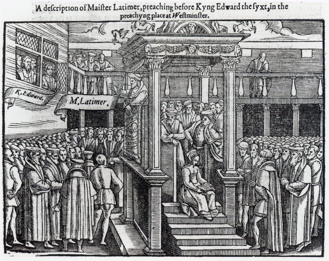 Hugh Latimer (kb. 1485-1555) prédikált VI. Edward király (1537-53) előtt Westminsterben 1547-ben, John Foxe (1516-87) „Cselekedetei és emlékművei” című könyvéből, 1563 alkotó: English School