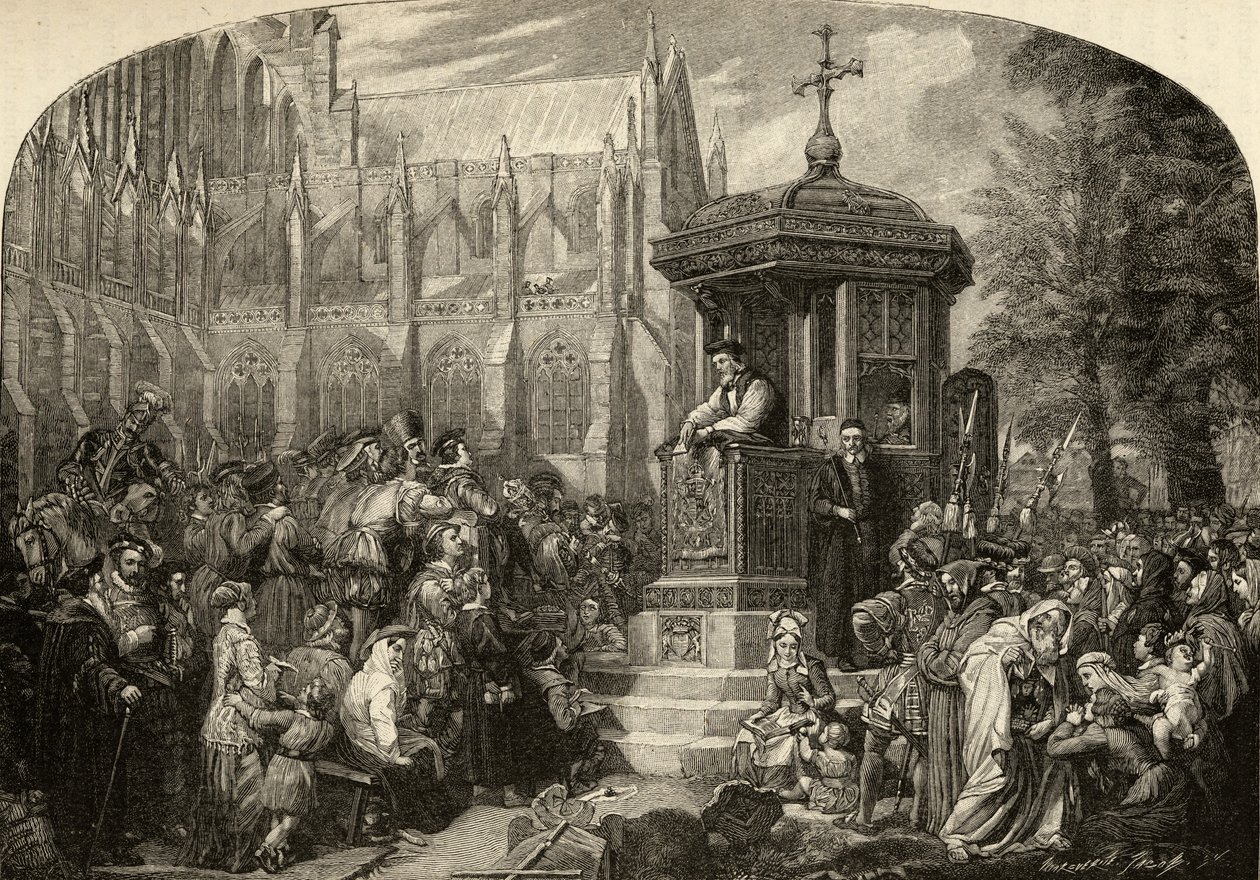 Hugh Latimer (kb.1485-1555) prédikált a polgári hatóságoknak a Szent Pál-keresztnél 1548-ban alkotó: English School