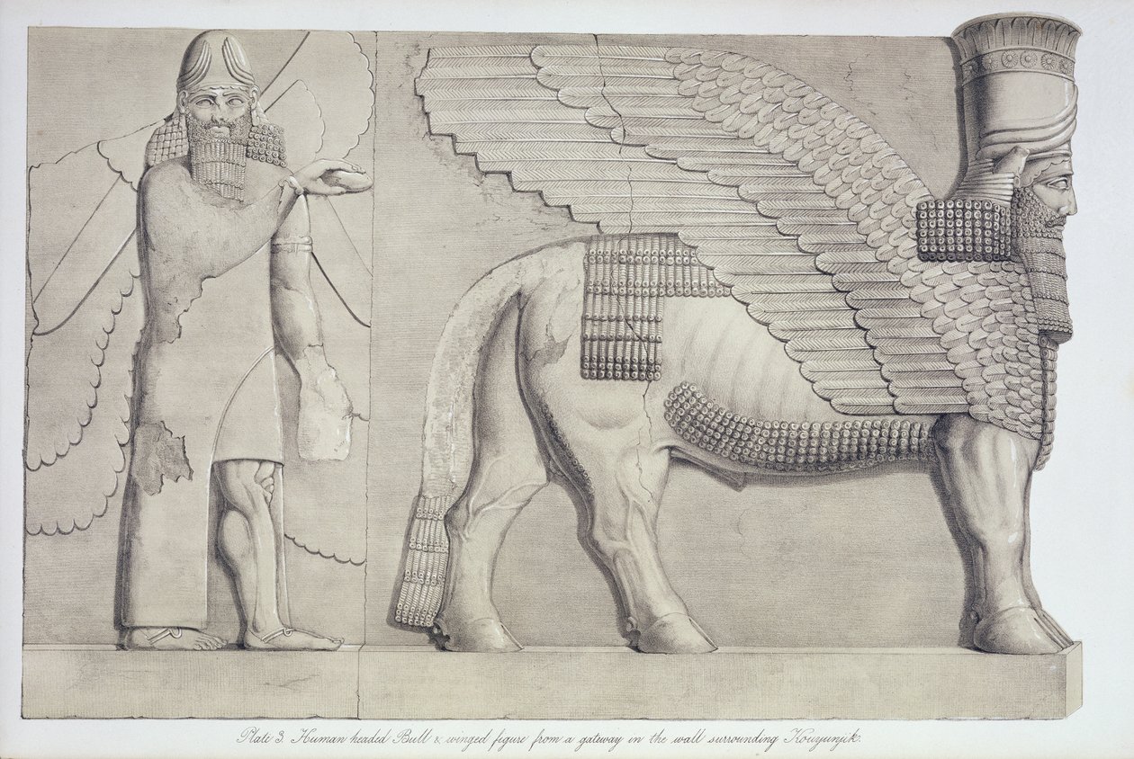 Emberfejű bika és szárnyas figura a Kouyunjikot körülvevő falon lévő átjáróból, 3. tábla Ninivéből és maradványai, Austen Henry Layard (1817-94) 1849-ben megjelent. alkotó: English School