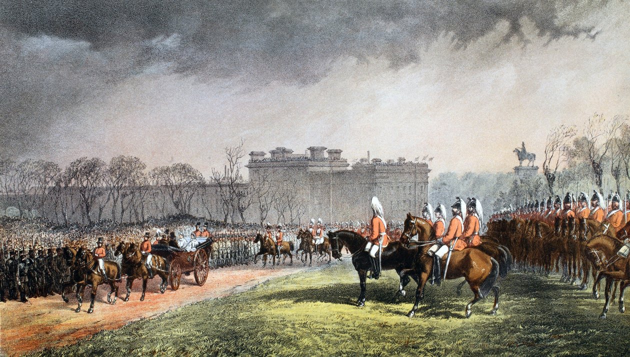 Hyde Park – A hercegnő, aki átmegy az önkéntesek sorába, 1863. március 7., VII. Edward és a dán Alexandra házasságának emlékműve, kocsma. 1864 alkotó: English School