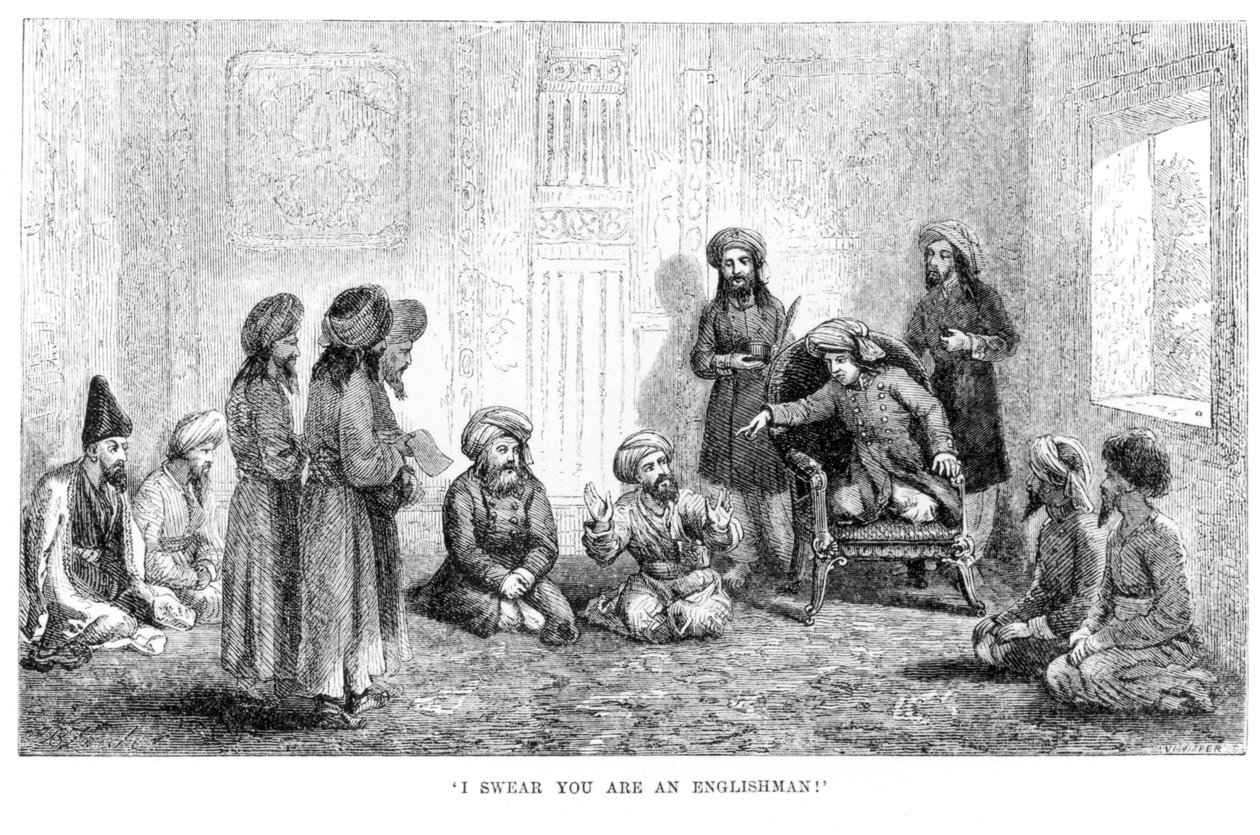 Esküszöm, hogy angol vagy: a szerző álruhája látható Heratban, az Utazások Közép-Ázsiában című művéből, Arminius Vambery 1863-ban, 1864-ben. alkotó: English School