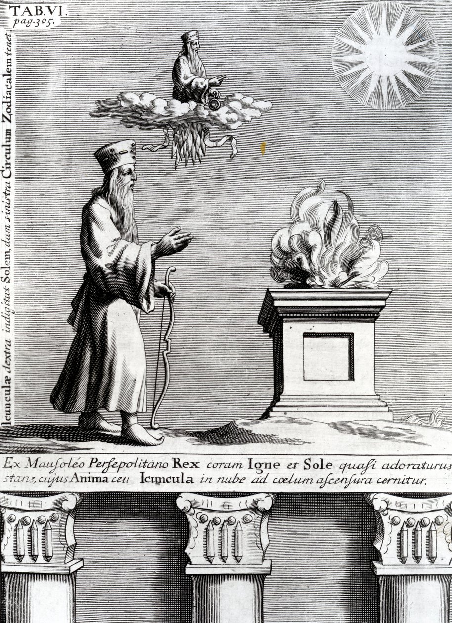 Illusztráció Zoroasterről, aki a tüzet és a napot imádja, 1697 alkotó: English School
