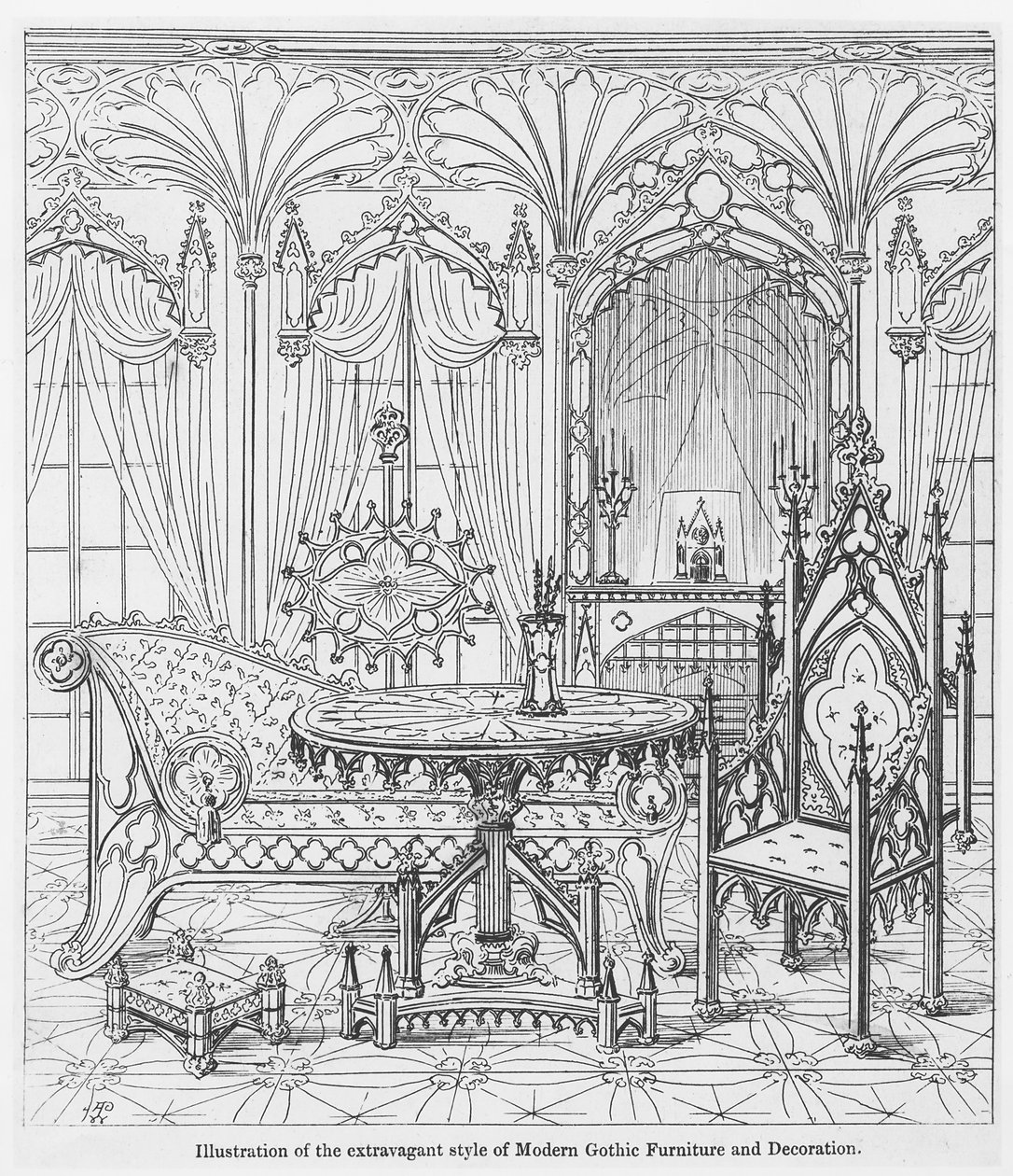 Illusztráció a modern gótikus bútorok és dekoráció extravagáns stílusáról, Augustus Welby Pugin (1812-52) A hegyes keresztény építészet valódi alapelveiből alkotó: English School