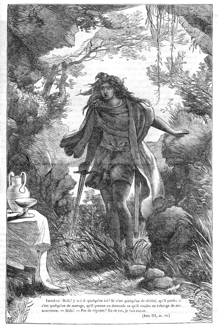 Imogen in Cymbeline - (The Tragedy of Cymbeline, King of Britain) - Illusztráció a "" Completes de William Shakespeare" -ben" 1866 - A kiadás illusztrációi és általános formája Cassell illusztrált Shakespeare-jéből származik, amely Londonban jelent meg alkotó: English School