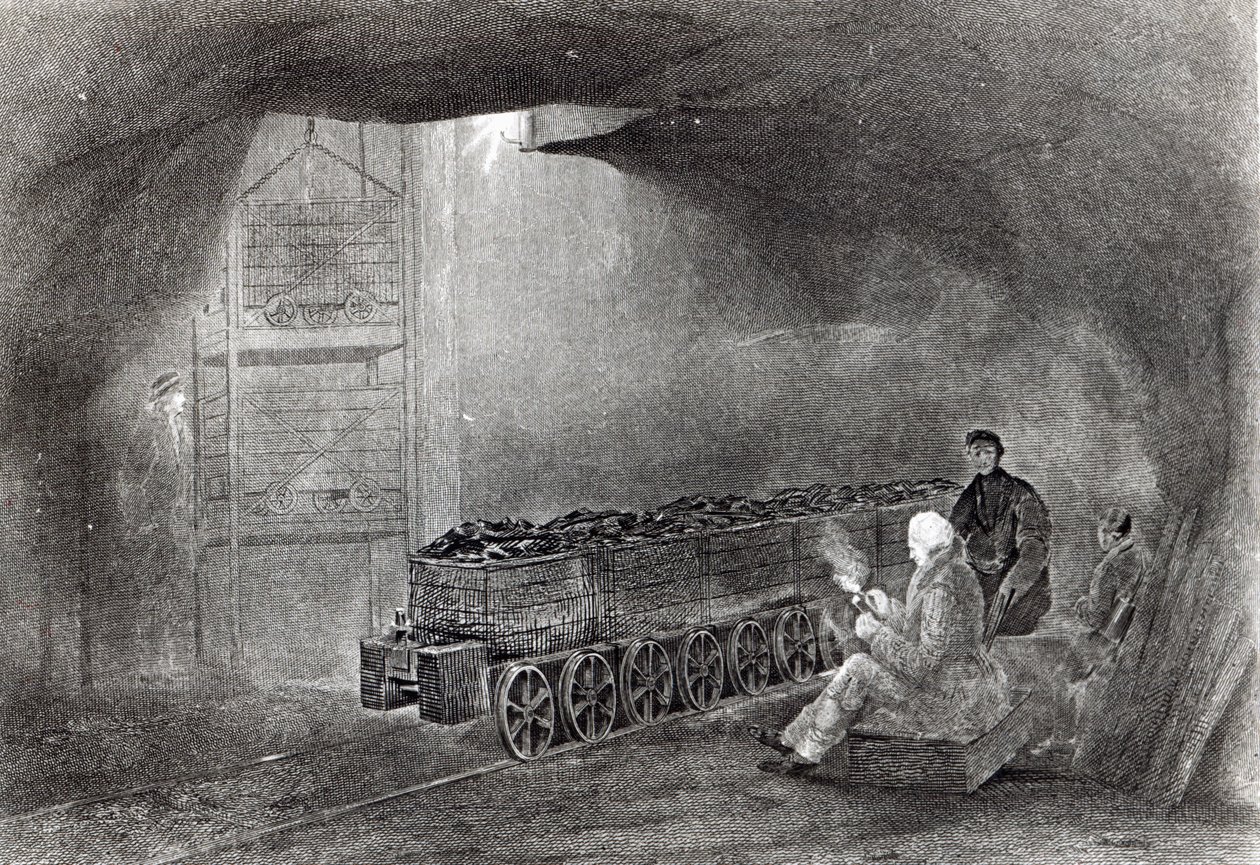 A szénbányában, Illusztráció W. Fordyce 1860-ban megjelent „A szén, a koksz, a szénmezők és a vasgyártás története Észak-Angliában” című művéből. alkotó: English School