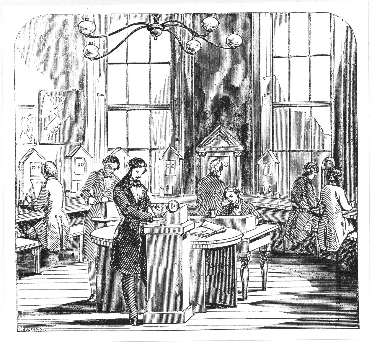 Műszerszoba az Electric Telegraph Office-ban, Lothbury, London, Dionysius Lardner Tudományos és Művészeti Múzeumából, 1860 körül alkotó: English School