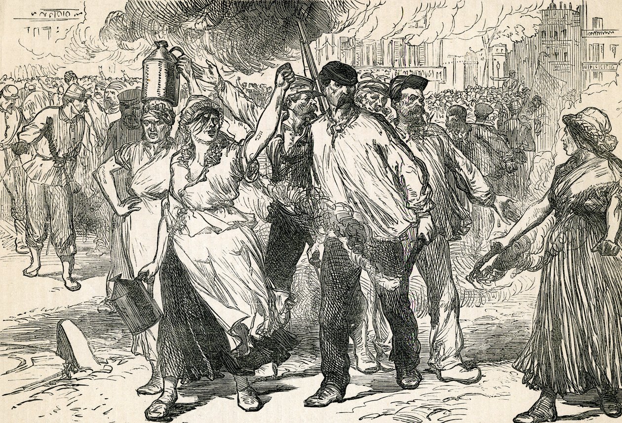 A Párizs utcáit pusztító felkelők a Cassells Illustrated History, 1872-ből alkotó: English School