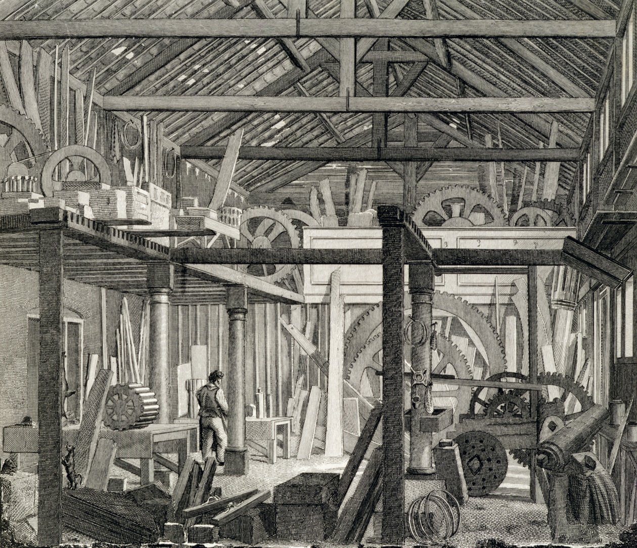 A John Bunyans Meeting House belső képe a Zoar Street-ben, Gravel Lane, Southwark, műhelyként és fűrészmalomként használt, 1822 körül (lásd még: 190619) alkotó: English School