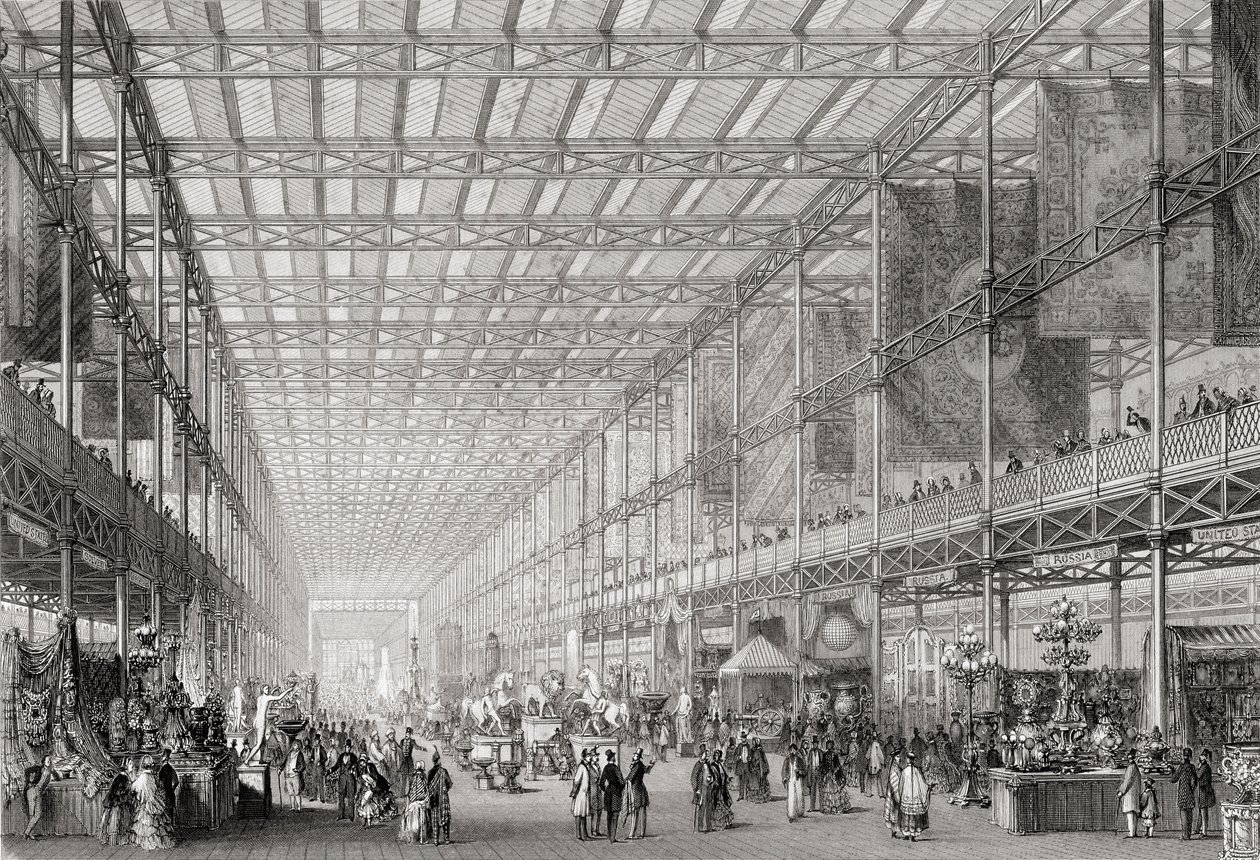 Az 1851-es nagy ipari kiállítás belseje a Hyde Parkban a Cyclopaedia of Useful Arts & Manufactures kiadványból, Charles Tomlinson szerkesztette, 1880-as évek alkotó: English School