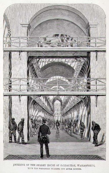 A Wandsworth-i Surrey-i Büntetés-végrehajtási Ház belseje, a vacsora után kivonuló foglyokkal, Henry Mayhew (1812-87) és John Binny „A londoni bűnügyi börtönök és a börtönélet jelenetei” című művéből alkotó: English School