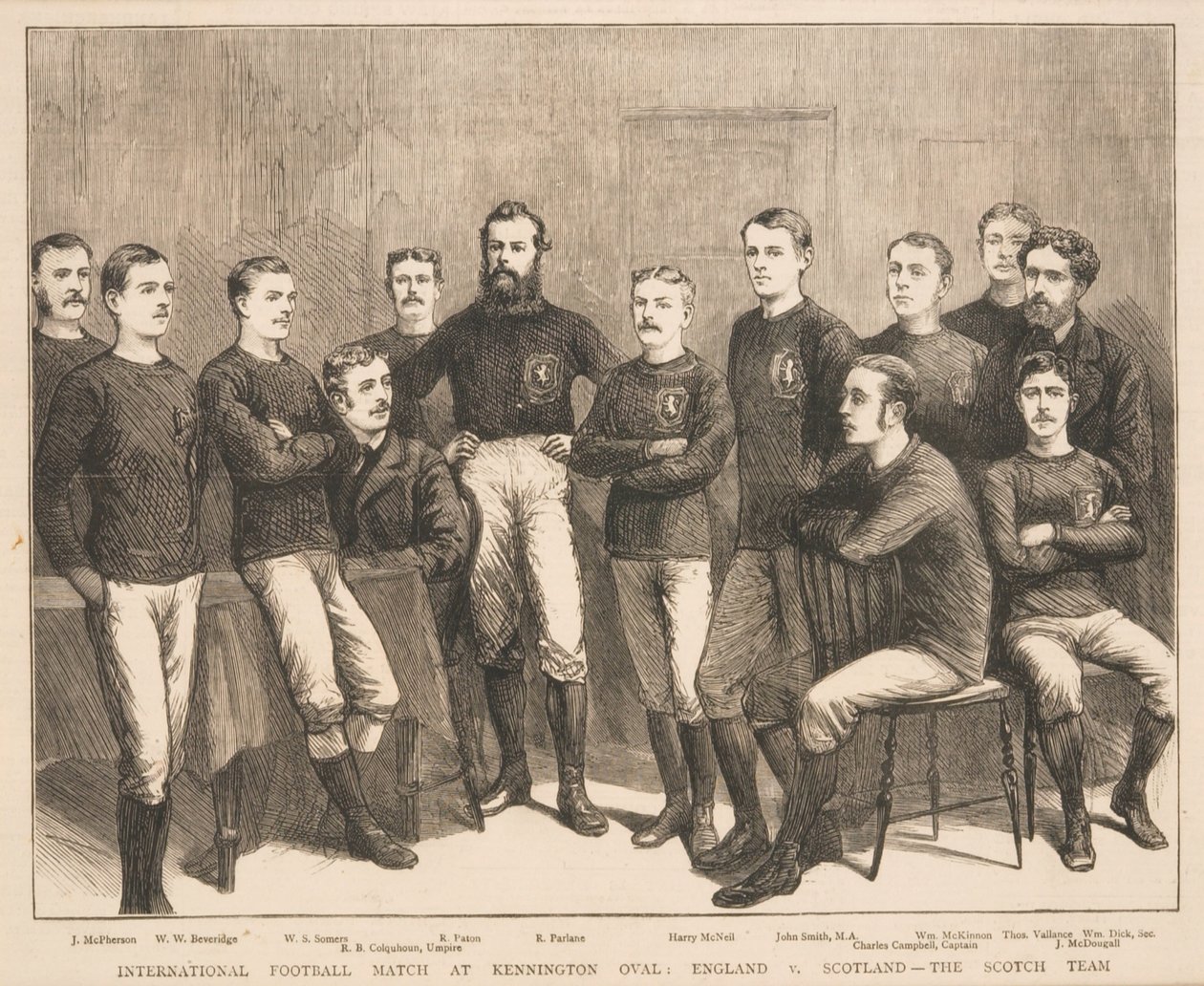 Nemzetközi labdarúgó-mérkőzés a Kennington Ovalban: Anglia vs. Skócia – A skót csapat, a The Graphicból, 1879 alkotó: English School