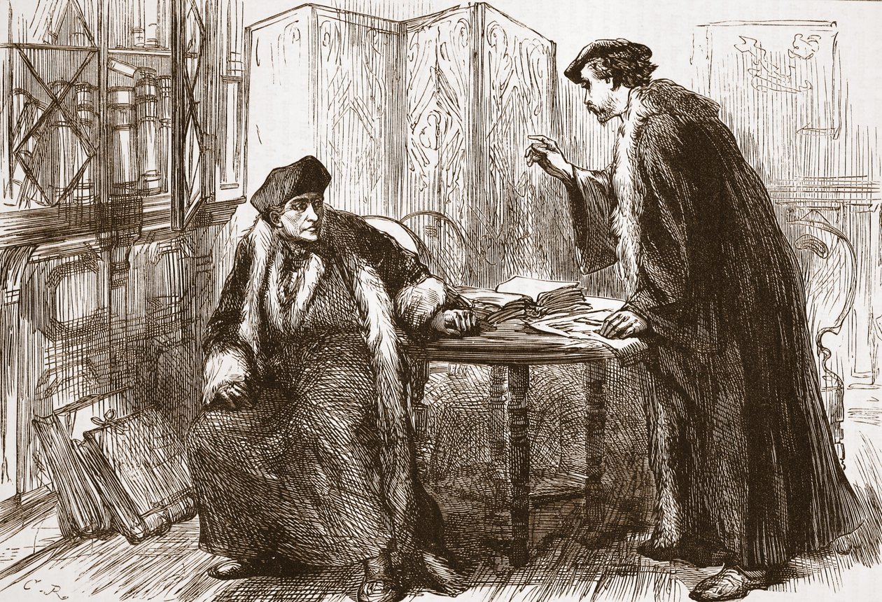 Interjú Erasmus és Kálvin között, illusztráció: James Aitken Wylie (1808-1890), The History of Protestantism, pub. 1878 alkotó: English School