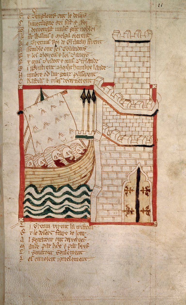 A skótok és dánok inváziója a „Roman de Brut” verses krónikájából (vellum) alkotó: English School