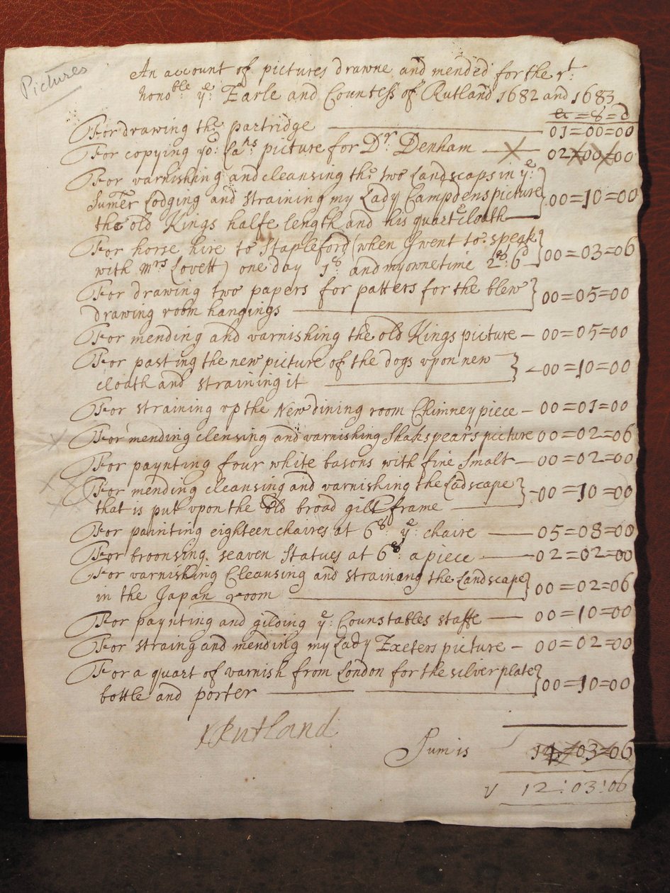 Számla William Shakespeare 1682 körüli portréjának tisztításáról (tinta papíron) alkotó: English School